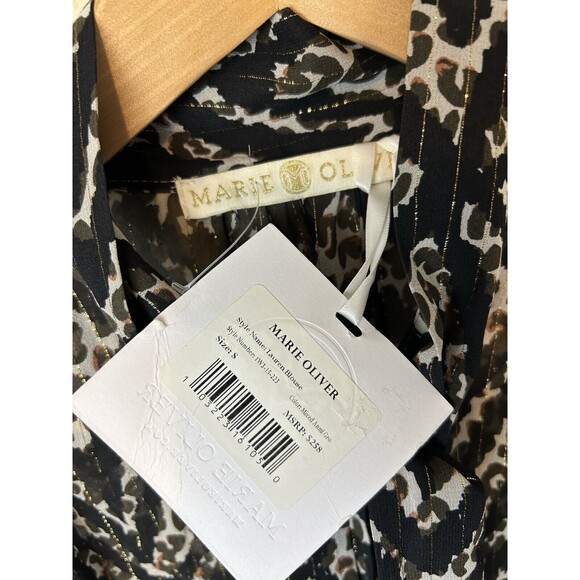 Marie Oliver S Lauren Blouse Button Down Bow Tie Neck 100% Silk Animal Print - Picture 7 of 7